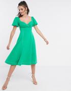 Asos Design Puff Sleeve Prom Midi Dress With Contrast Topstitch In Green