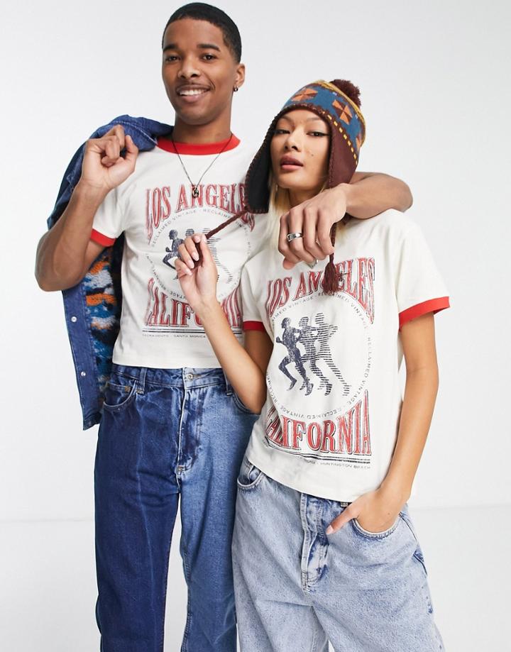 Reclaimed Vintage Inspired Unisex Shrunken Ringer T-shirt With California Running Graphic In Ecru-white