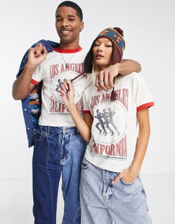 Reclaimed Vintage Inspired Unisex Shrunken Ringer T-shirt With California Running Graphic In Ecru-white