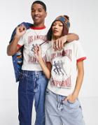 Reclaimed Vintage Inspired Unisex Shrunken Ringer T-shirt With California Running Graphic In Ecru-white