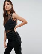 Asos Top In Mesh With Ruched Side And Crop Top - Black