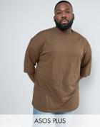 Asos Plus Oversized T-shirt In Brown With Half Sleeve - Brown