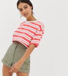 Asos Design Petite Super Crop T-shirt With Raw Edge In Stripe-red