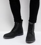 Asos Wide Fit Lace Up Boots In Black Leather With Ribbed Sole - Black