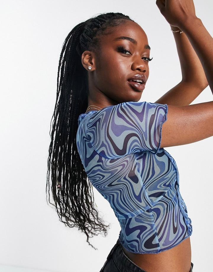 Brave Soul Dayna Lettuce Hem Mesh Top With Exposed Seams In Blue Swirl