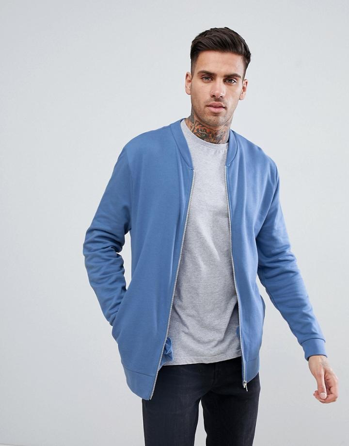 Asos Design Jersey Bomber Jacket In Blue - Blue