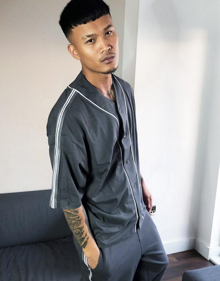 Asos Design Set Oversized Baseball Neck T-shirt With Taping-black