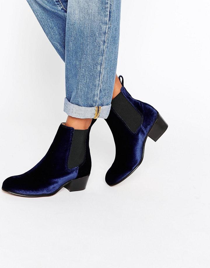 Selected Femme London Navy Velvet Chelsea Boots - Navy
