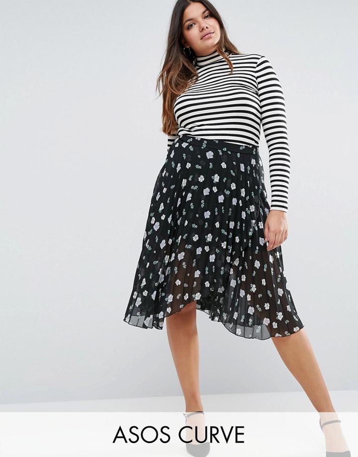 Asos Curve Pleated Midi Skirt With Wrap Front Detail In Floral Print -