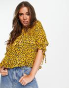 Asos Design Tie Front Smock Top With Peplum Hem In Mustard Animal-multi