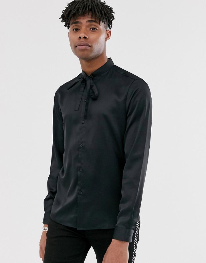 Asos Design Regular Fit Satin Shirt With Tie Neck In Black