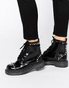 T.u.k. Anarchic Stud Lace Up Chunky Leather Flat Ankle Boots - Black