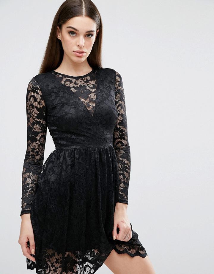 Club L Long Sleeve Lace Skater Dress With V Front Plunge - Black