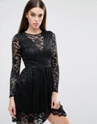 Club L Long Sleeve Lace Skater Dress With V Front Plunge - Black
