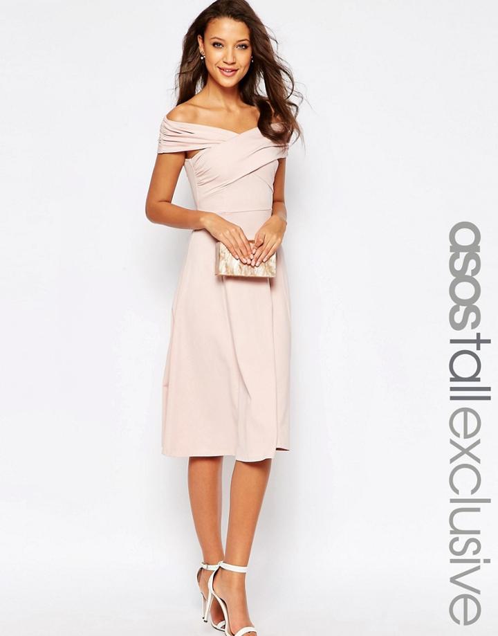 Asos Tall Midi Skater Dress With Bardot Neckline - Pink