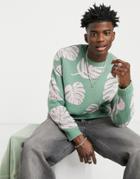 Asos Design Oversized Textured Sweater With Monstera Leaf Design In Sage Green