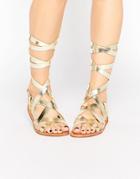 London Rebel Bobby Tie Up Strappy Flat Sandals - Gold