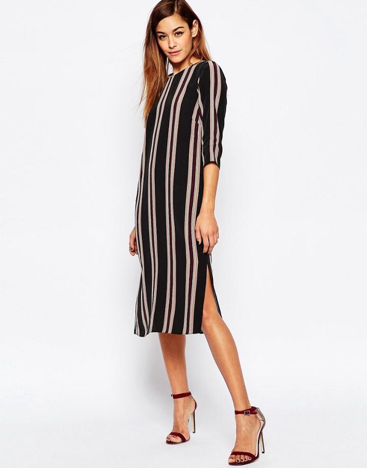 Asos Midi Shift Dress With Long Sleeves In Stripe Print - Multi