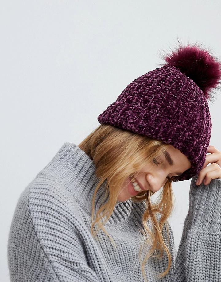 New Look Chenille Faux Fur Bobble Hat - Purple
