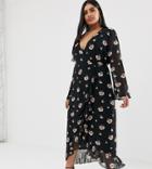 Missguided Plus Ruffle Wrap Midi Dress In Floral Black - Multi