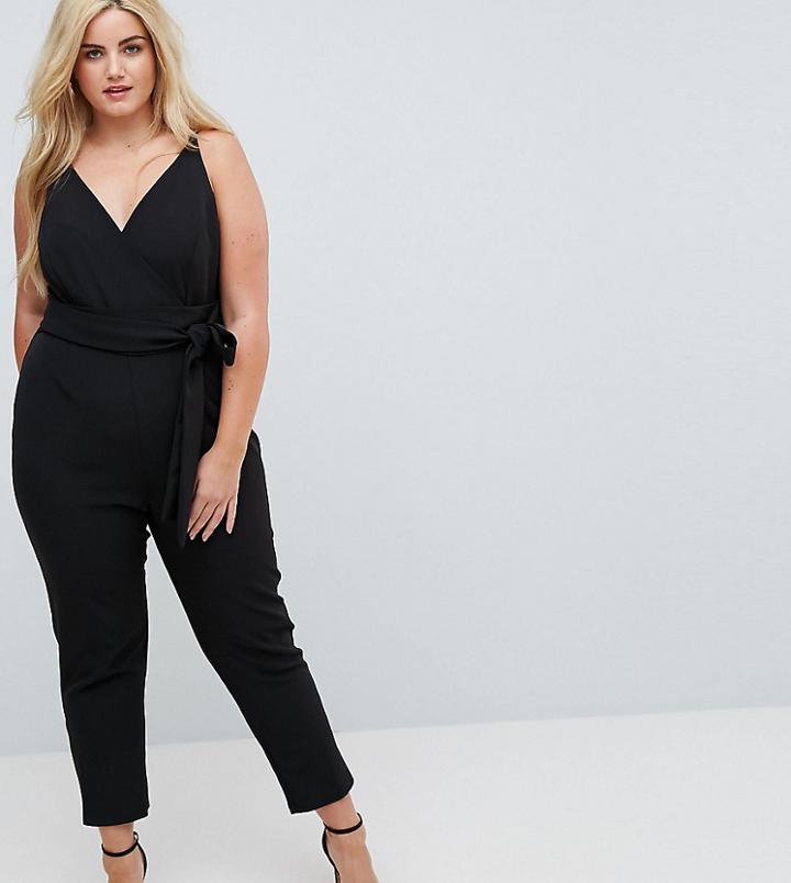 Asos Curve Wrap Front Jumpsuit With Peg Leg And Self Belt - Black