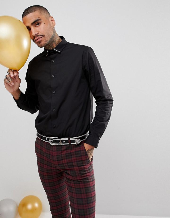 Asos Regular Fit Longline Shirt With Star Studs - Black