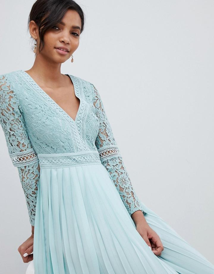 Little Mistress Lace Top Midi Skater Dress With Pleated Skirt In Spearmint - Green