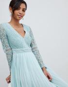 Little Mistress Lace Top Midi Skater Dress With Pleated Skirt In Spearmint - Green