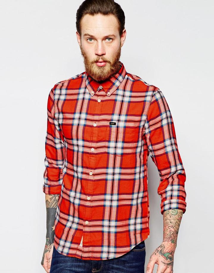 Lee Shirt Button Down Slub Twill Check In Red - Lava Red