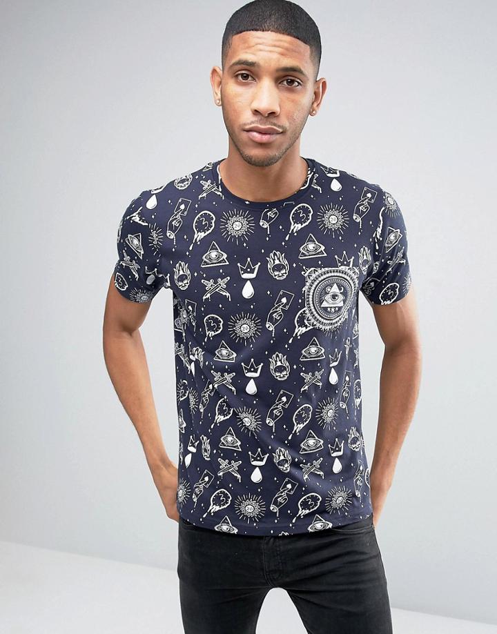 Brave Soul All Over Print Evil Eye Pocket T-shirt - Navy
