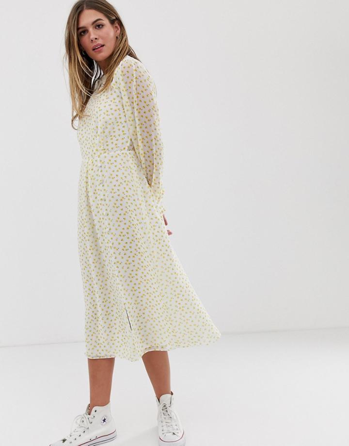 Nobody's Child Midi Dress With Button Up Detail In Ditsy Floral - Yellow