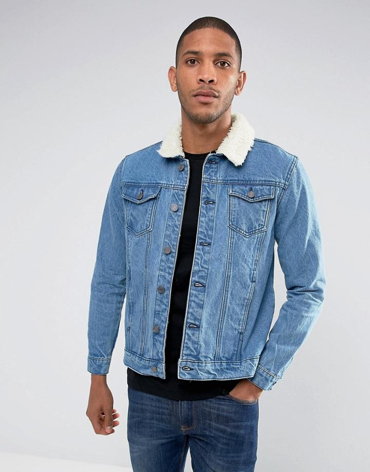 Brave Soul Denim Jacket With Fleece Collar - Blue