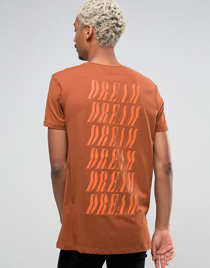 Asos Longline T-shirt With Repeat Dream Back Print In Relaxed Skater Fit - Tan