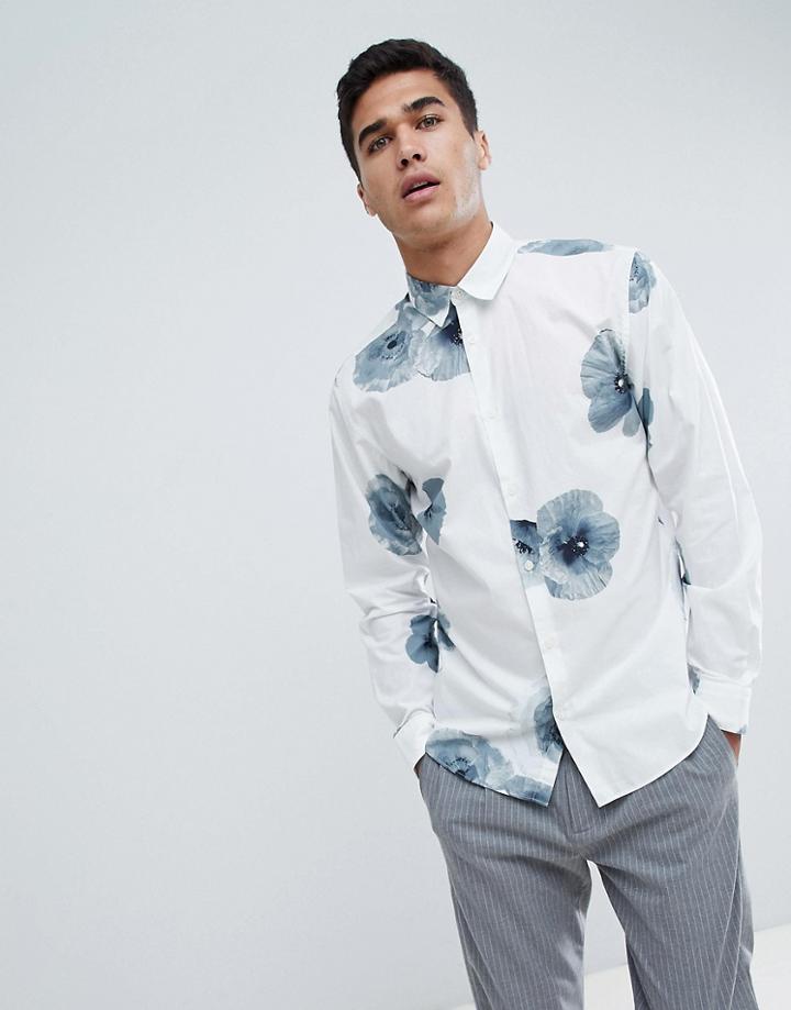 Selected Homme Shirt With Large Floral Print In Slim Fit - White