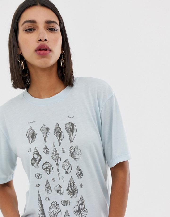 Neon Rose Relaxed T-shirt With Seashells Print-blue