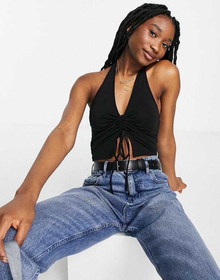 Asos Design Halter Top With Ruched Detail In Black