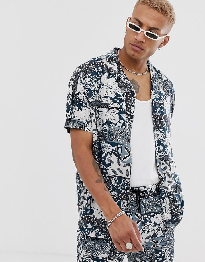 Bershka Short Sleeve Two-piece Shirt With Floral Print In Blue
