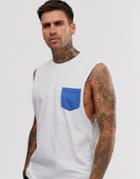 Asos Design Relaxed Sleeveless T-shirt With Dropped Armhole With Contrast Pocket In White - White