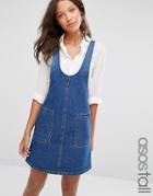 Asos Tall Denim Pinafore Dress In Mid Wash - Blue