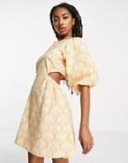 Native Youth Cut Out Waist Puff Sleeve Mini Smock Dress In Retro Shell Print-multi