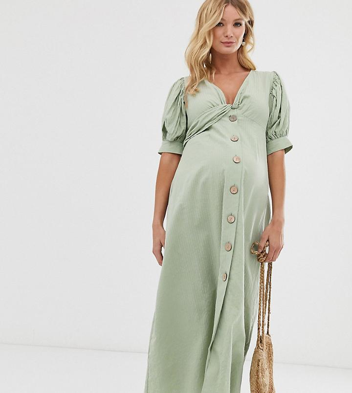 Asos Design Maternity Button Through Twist Front Maxi Tea Dress In Seersucker - Green