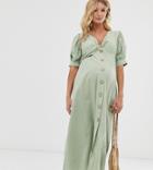 Asos Design Maternity Button Through Twist Front Maxi Tea Dress In Seersucker - Green