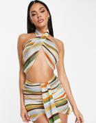 Asos Design Lightknit Cross Neck Beach Crop Top In Stripe - Part Of A Set-multi