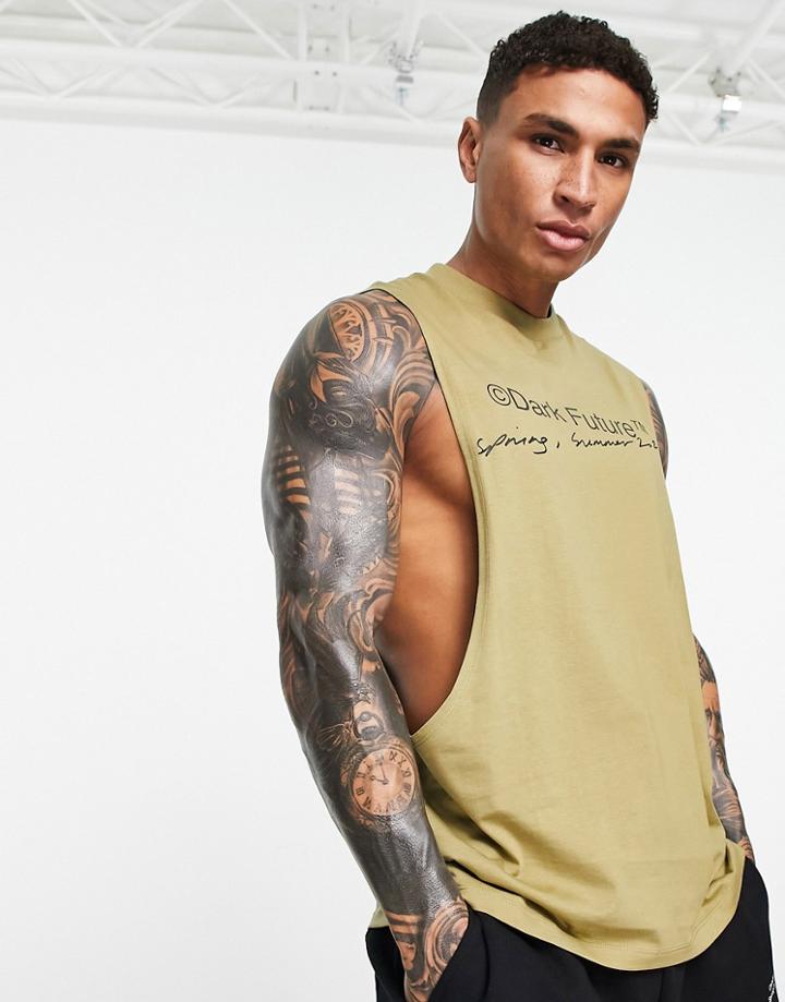 Asos Dark Future Relaxed Tank Top With Scoop Armhole With Chest Print In Khaki-green