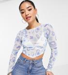Asos Design Petite Recycled Blend Mesh Scarf Hem Top In Warped Heart Print In Blue-blues
