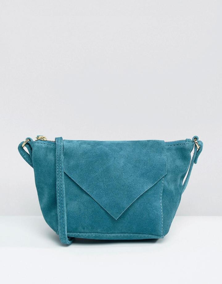 Asos Suede Cross Body Bag With V Flap - Green