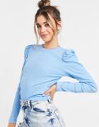 Pieces T-shirt With Puff Shoulders In Baby Blue-blues