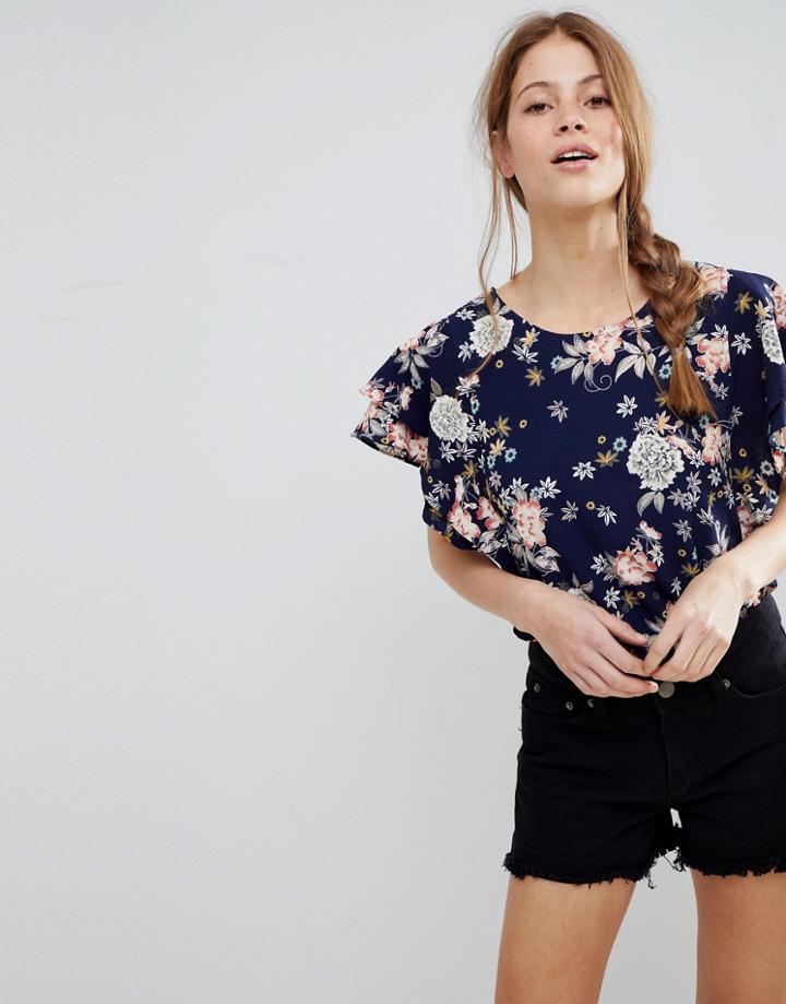 Qed London Floral Print Ruffle Sleeve Top - Navy