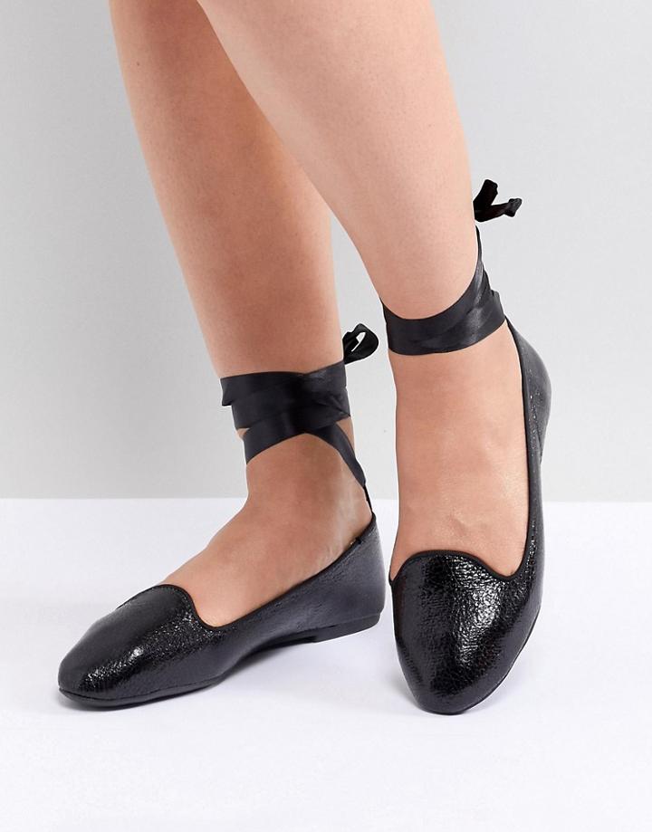 Raid Black Ankle Tie Flat Shoes - Black