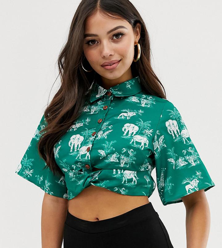 Fashion Union Petite Cropped Shirt In Safari Print - Green